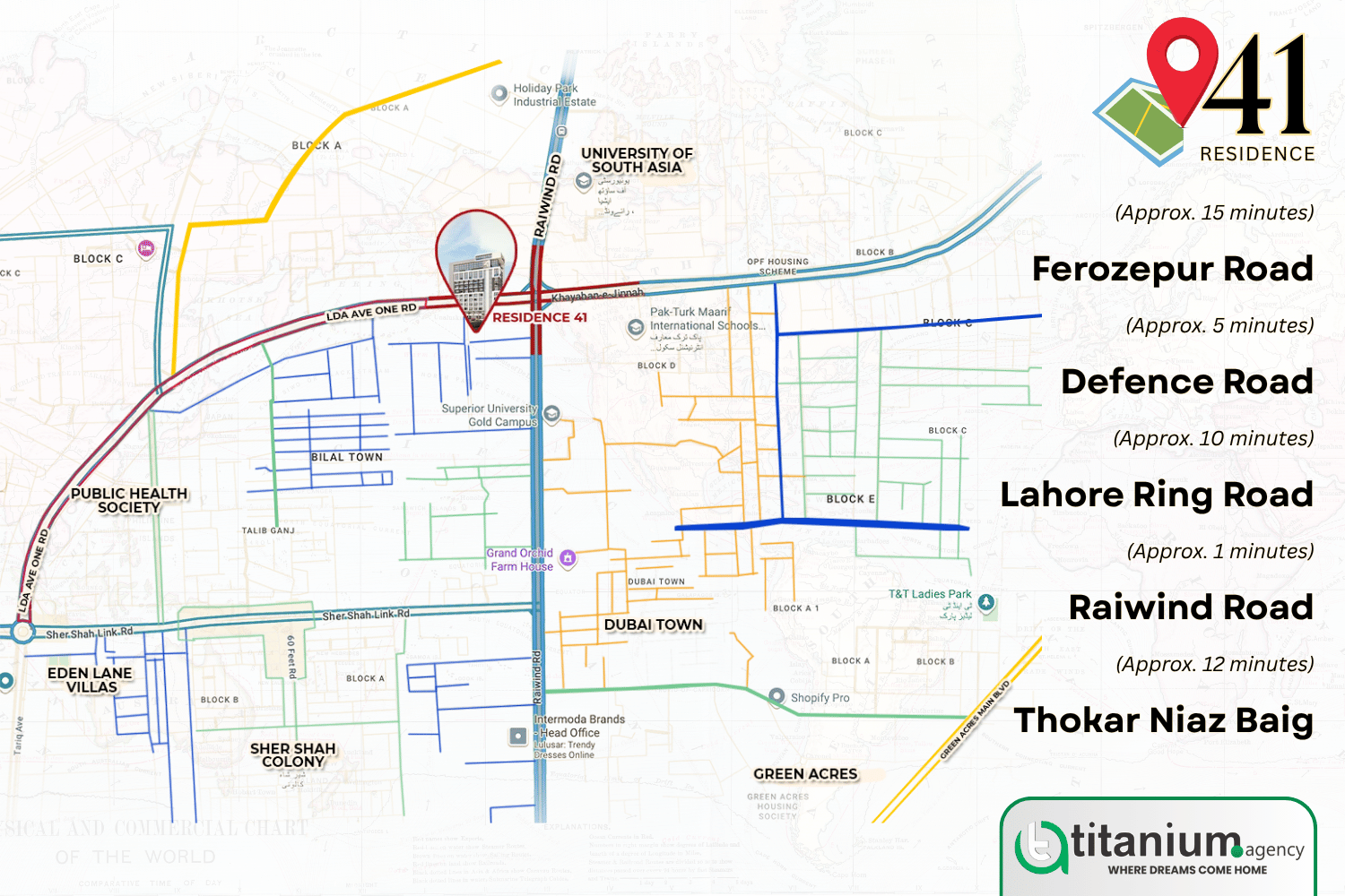 Residence 41 Lahore high-rise apartments location on map